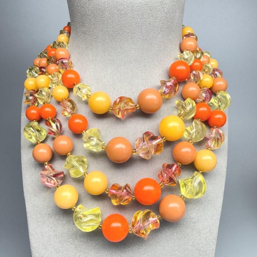 Vintage Germany Multi Strand Bead Necklace Lucite Orange Yellow MCM 1960s Mod
